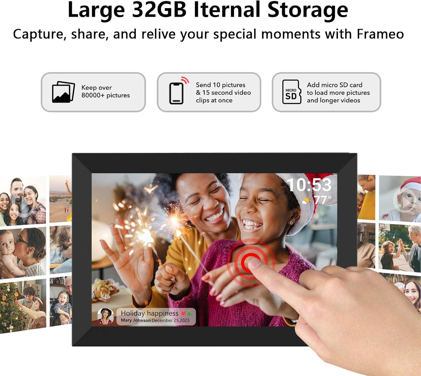 32GB  10.1 Inch Smart WiFi Digital Photo Frame 1280x800 IPS LCD Touch Screen, Auto-Rotate Portrait and Landscape, Built in 32GB Memory, Share Moments Instantly via Frameo App from Anywhere