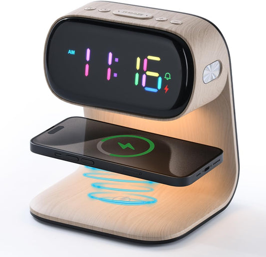 WILIT Digital Alarm Clock with Wireless Charging,Colorful LED Display,Dimmable Night Light,Snooze Function,Modern Bedside Clock for Bedroom,Kids,Teens,Adults,Gift for Men and Women(Wood Grain)